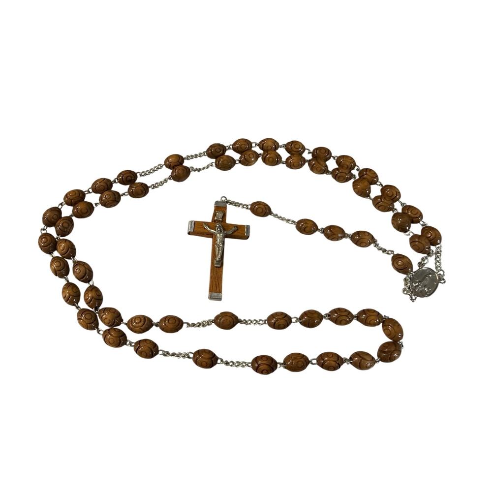 Vintage Olive Wood Fatima 20" Carved Swirl Barrel Beads Portugal